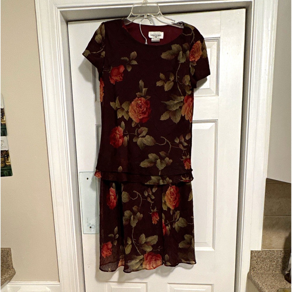 Miss Dorby Womens 10 2pc Chiffon Top & Skirt Set Burgundy Floral Formal